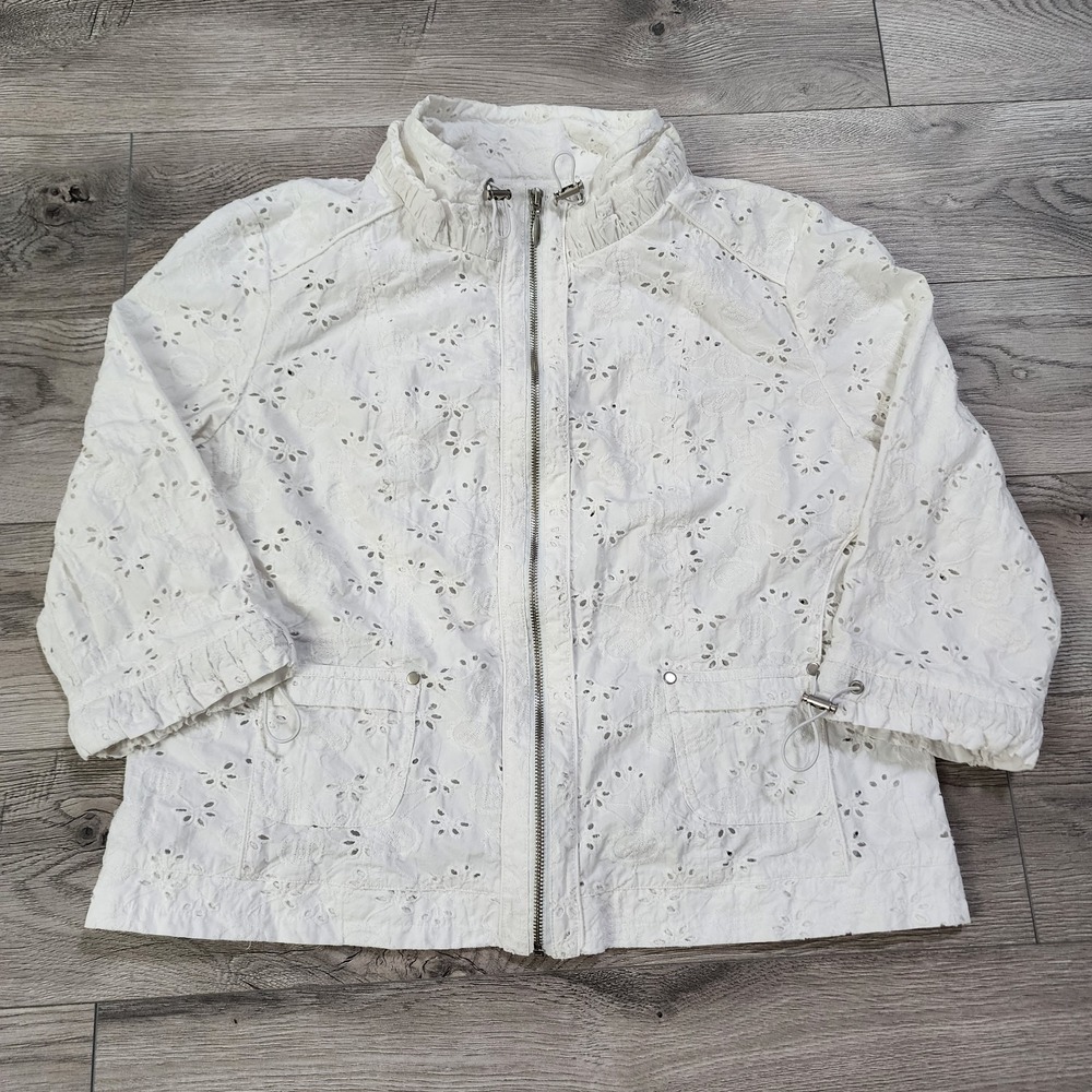Multiples Jacket Women's Size XL Eyelet 3/4 Sleeve Zip up White floral